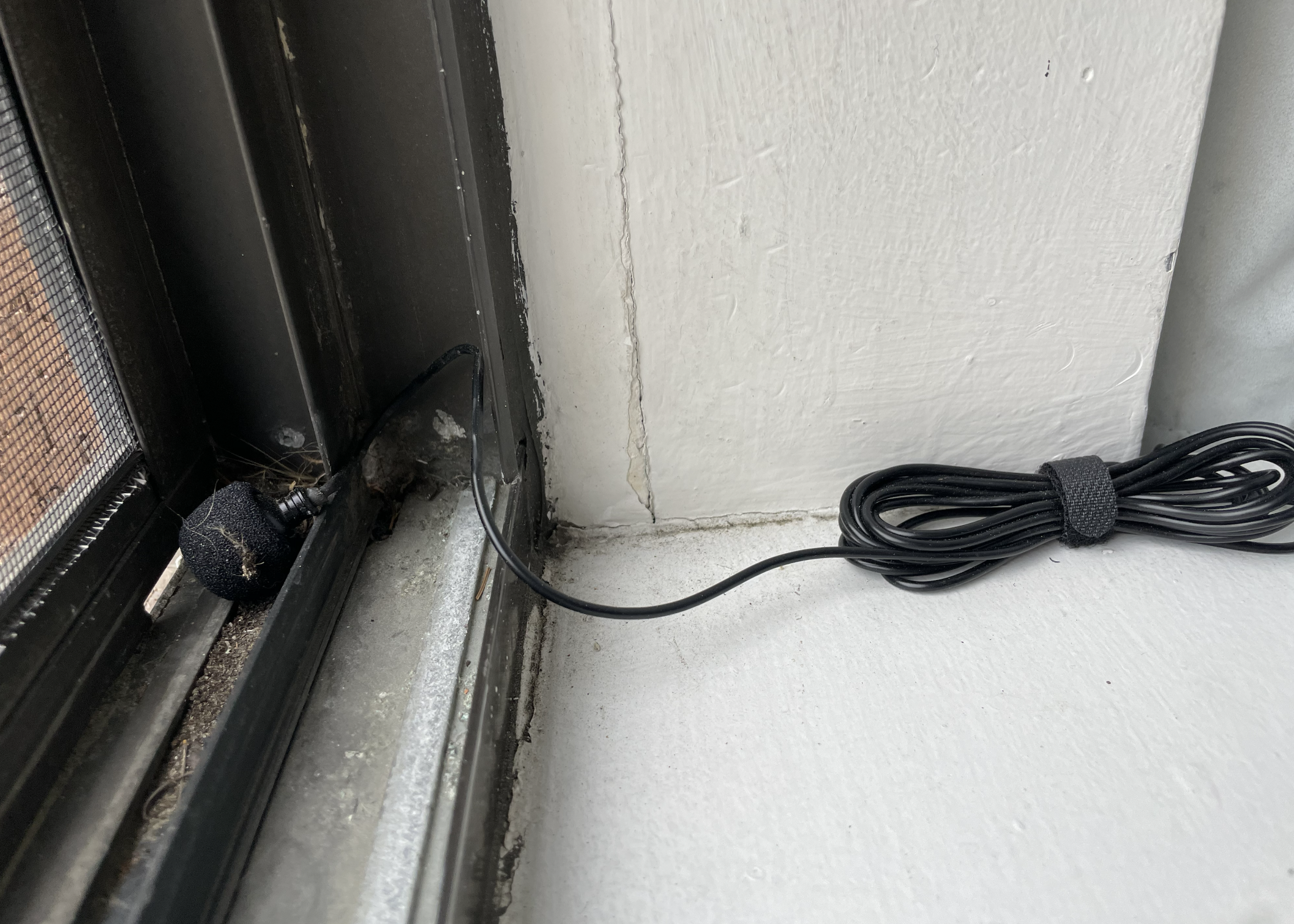 Photo of microphone in dirty windowsill
