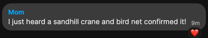 Screenshot of message from 'Mom': I just heard a sandhill crane and bird net confirmed it!
