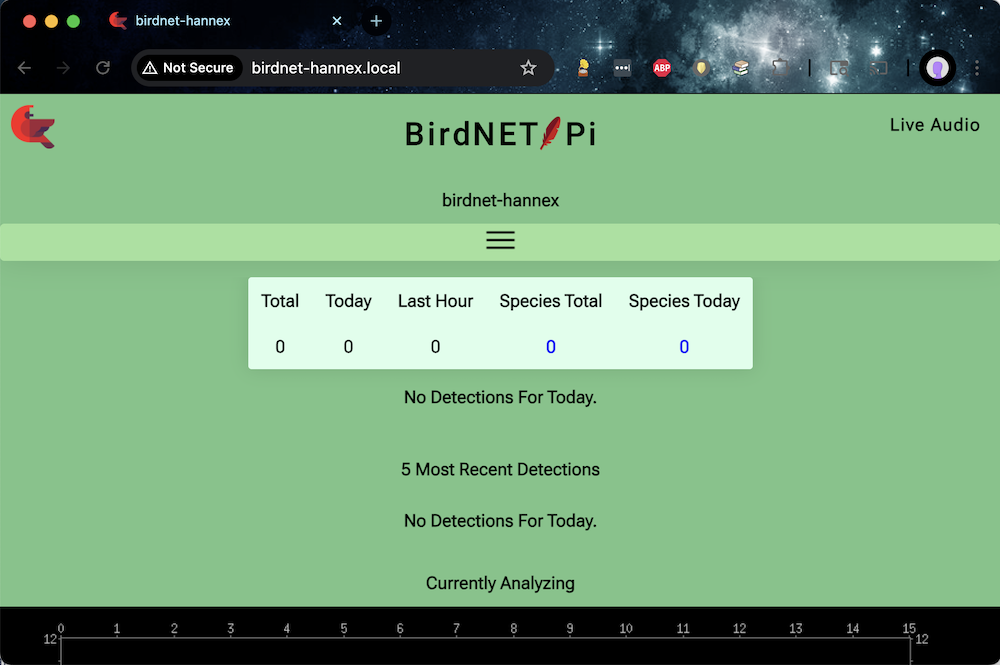 Screenshot of BirdNET-Pi website, with no species detections.