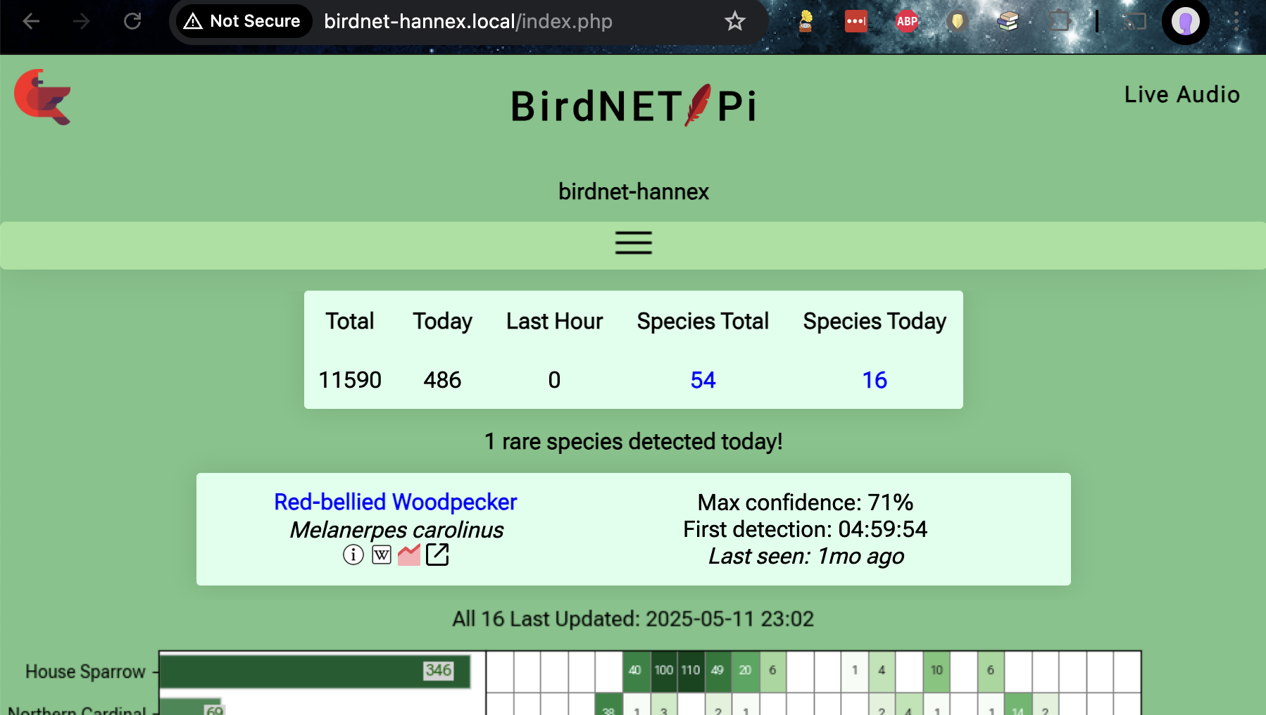 Screenshot of BirdNET-Pi website, with list of species detections.