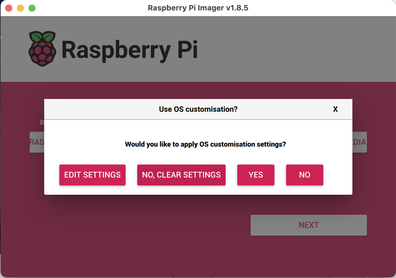 Screenshot of additional selection dialog, with choices matching those described in the above text.