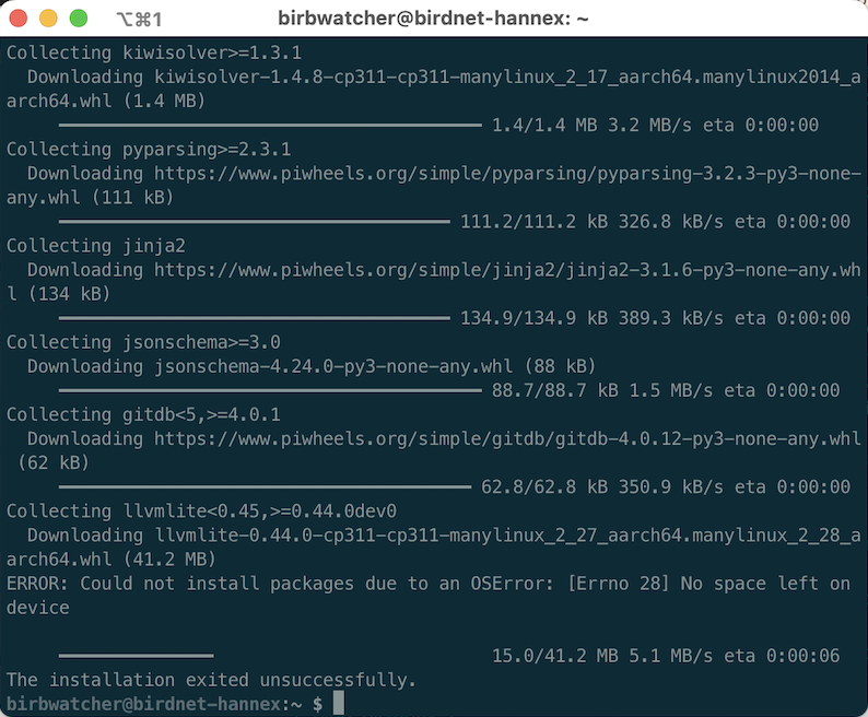 Screenshot of failure message.