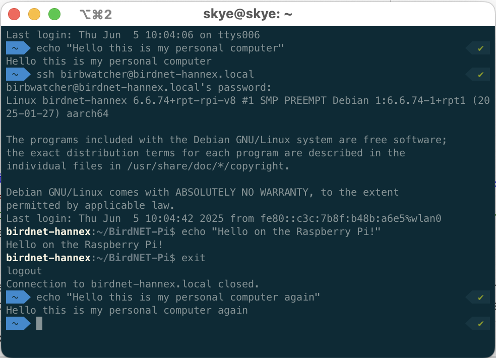 Screenshot demonstrating opening and closing an SSH connection.