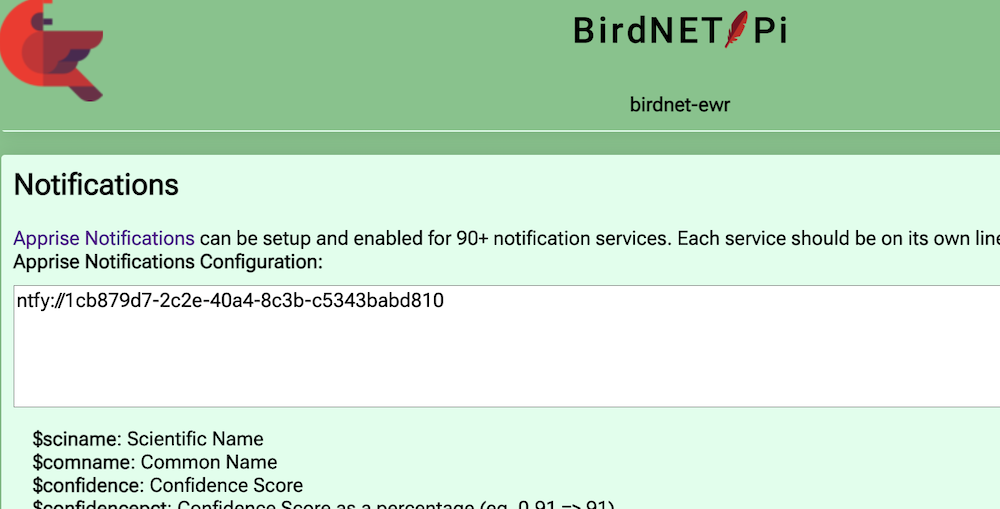 Screenshot of BirdNET-Pi settings page with ntfy set as above