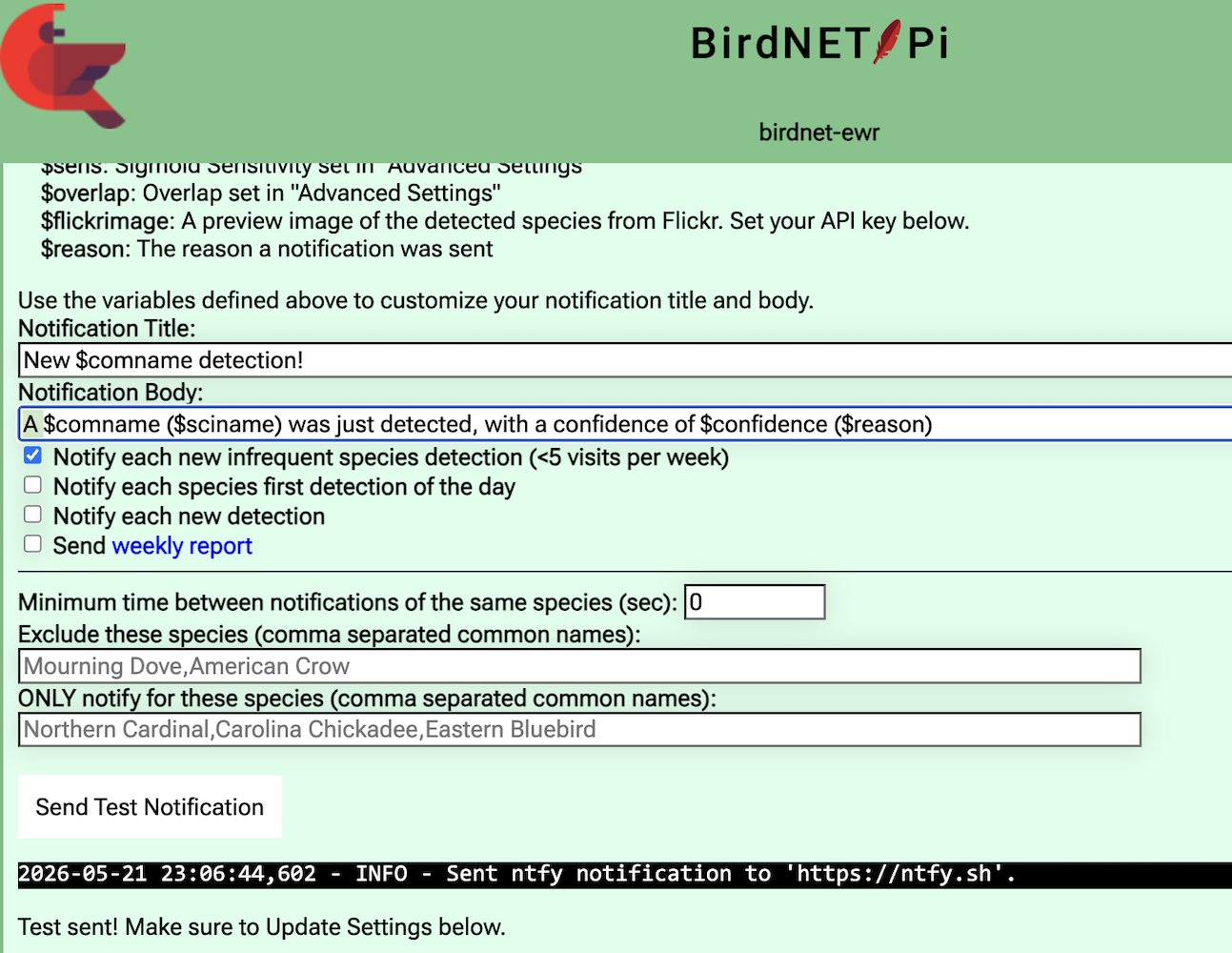 Screenshot of BirdNET-Pi settings page with notification details set as described