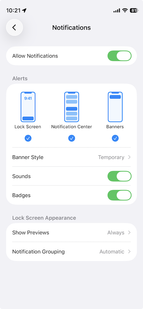 Screenshot from phone showing notification settings page