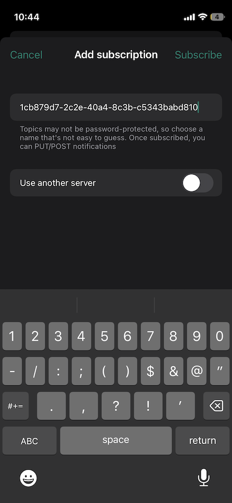 Screenshot from phone showing ntfy “add topic” screen