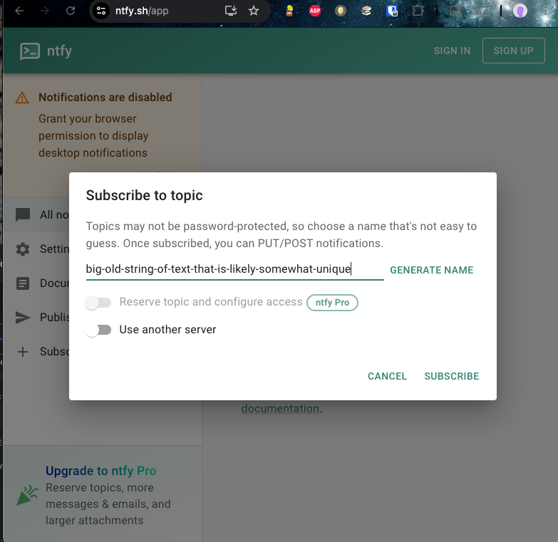 Screenshot of browser with above message.