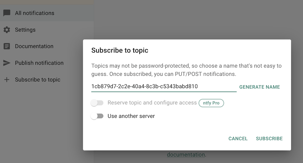 Screenshot of ntfy webapp with subscription to new topic