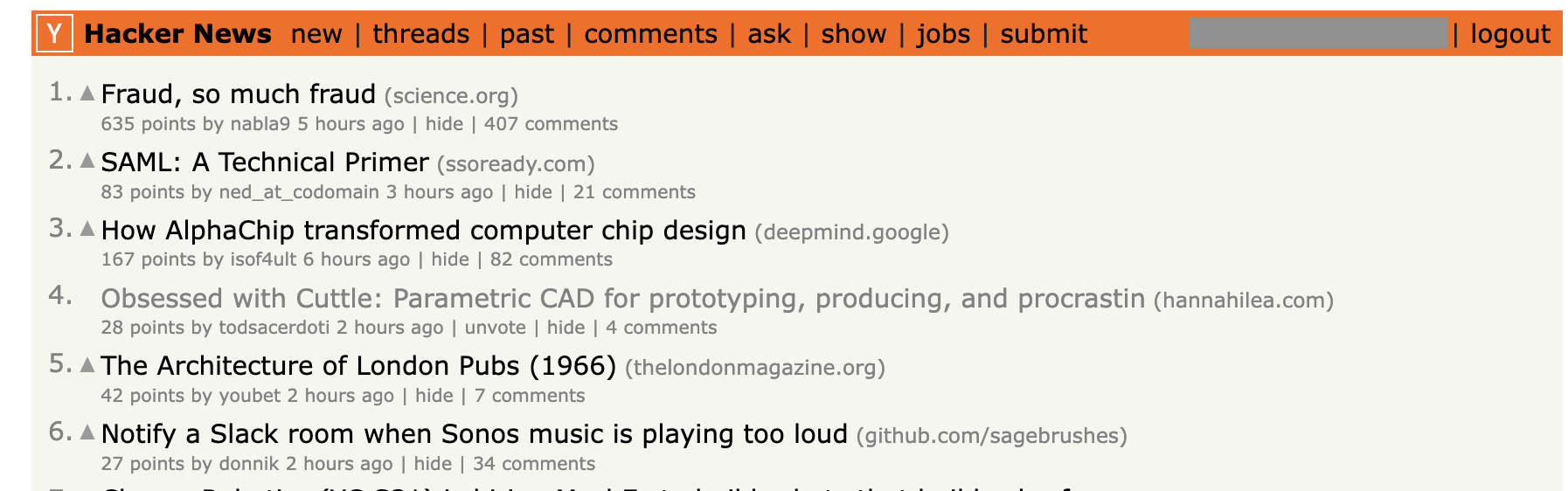 Screenshot of Hacker News with my blog post at number four