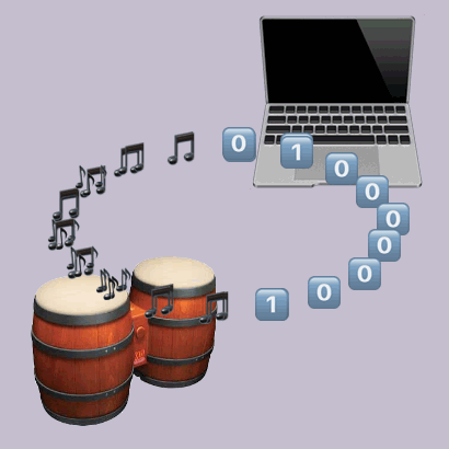Logo: drum and laptop on a black background, with a moving circle of emojis, the top half of which are 0 and 1 and the bottom half of which are musical notes.
