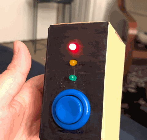 Animated gif of timer box’s button being pushed and cycling through green, yellow, and red LEDs