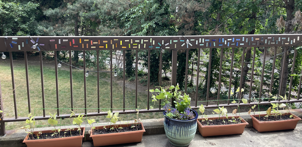 Photo of rainbow tile pattern along a brown metal railing