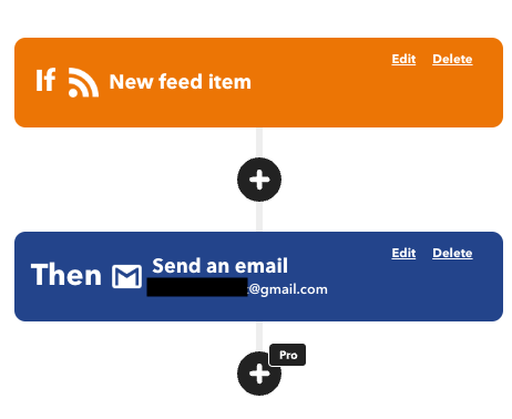 two rectangles stacked horizontally, with a plus sign between them; top rectangle is labeled “If new feed item”, bottom is “Then send an email”