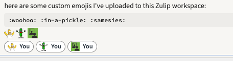 Screenshot of three custom emojis in a Zulip message: woohoo, pickle, mirror
