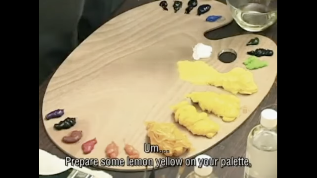 Screenshot of palette with caption “Prepare some lemon yellow on your palette”